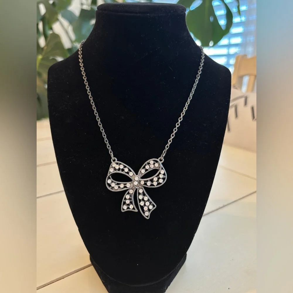 Rhinestone Bow Pendant Necklace Costume Jewelry Coquette Feminine